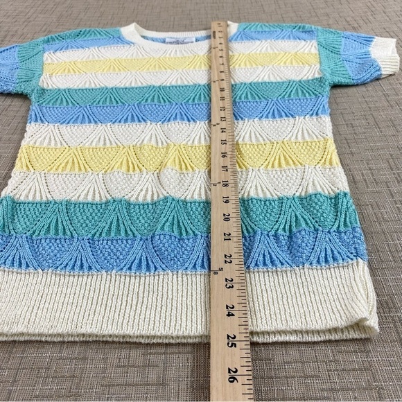 Vintage Lightweight Geometric Knit Striped Yellow Blue Shirt Sleeve Sweater Sz M - Picture 6 of 8